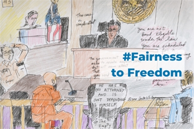 [ai] A courtroom scene illustrated with a judge, a defendant, and an audience. The defendant is seated and appears to be self-representing, while the judge addresses the case complexity. Text on the image reads: "#Fairness to Freedom" and additional comments about the defendant.